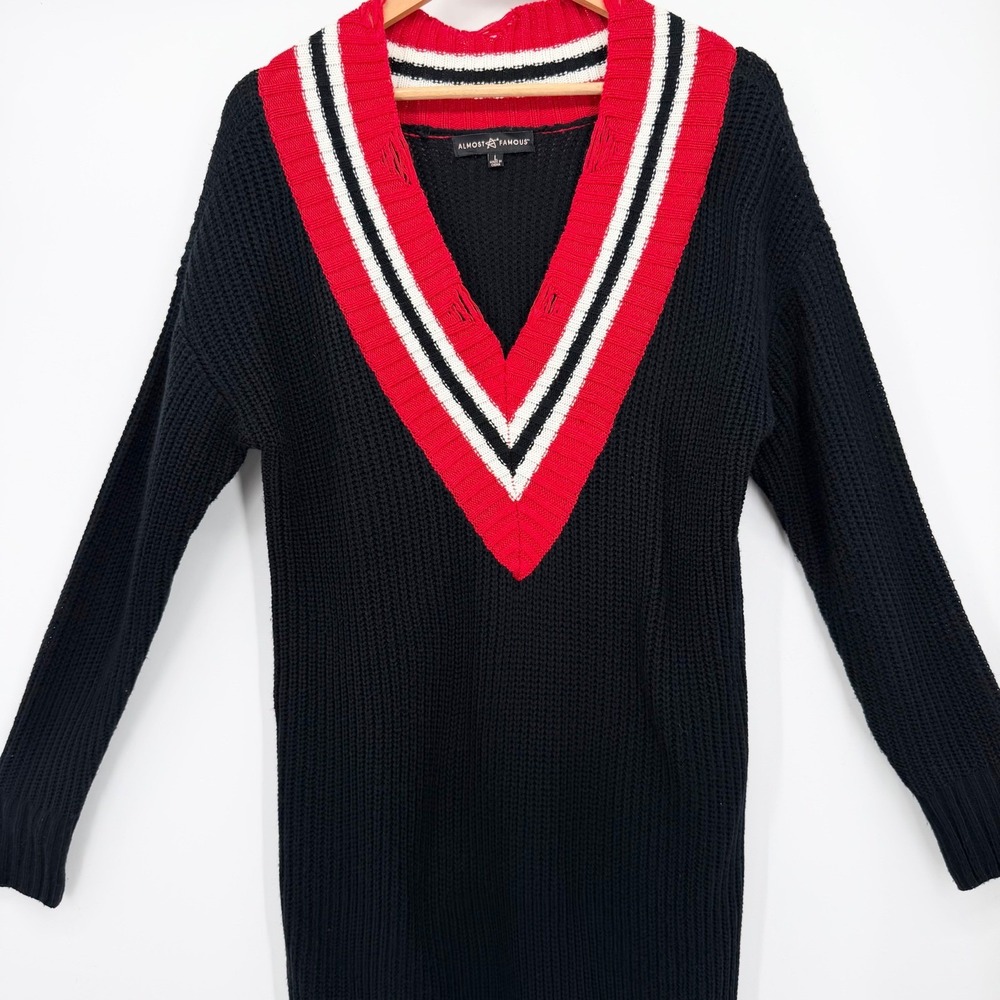 Almost Famous Sweater Dress L Black Red Varsity V Neck Preppy Game Day Knit